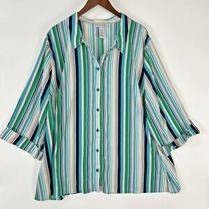 Catherines Womens Striped Button Shirt Size 4X Green Spandex Cuffed Office Work